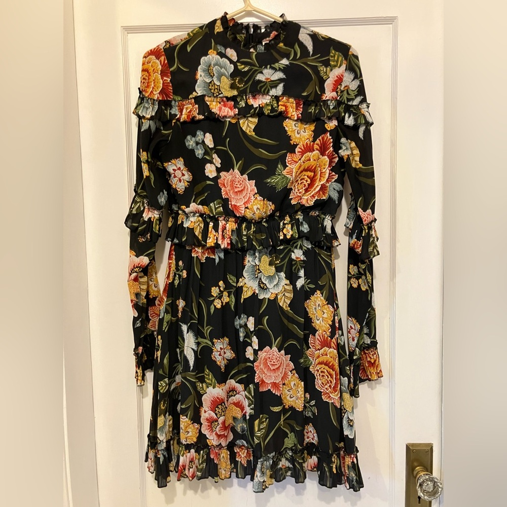 Navy Vintage-y Print Dress with Ruffle Detail